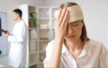 Woman with bandage around head and holding right side of face. Doctor in the backgroud. Traumatic Brain Injury.