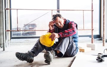 Construction worker sitting on floor. Fall injury hazards.