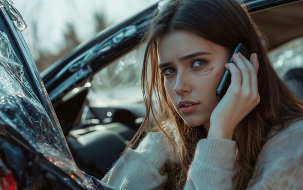 Woman on the phone looking out driver side door after car accident.